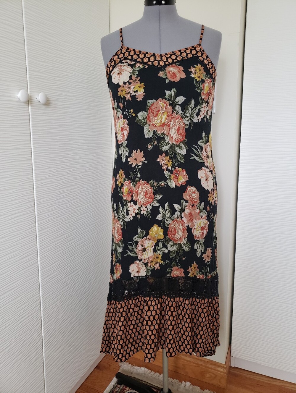 Xhilaration Black Floral Midi Slip Dress with Peach Accents Sz.L